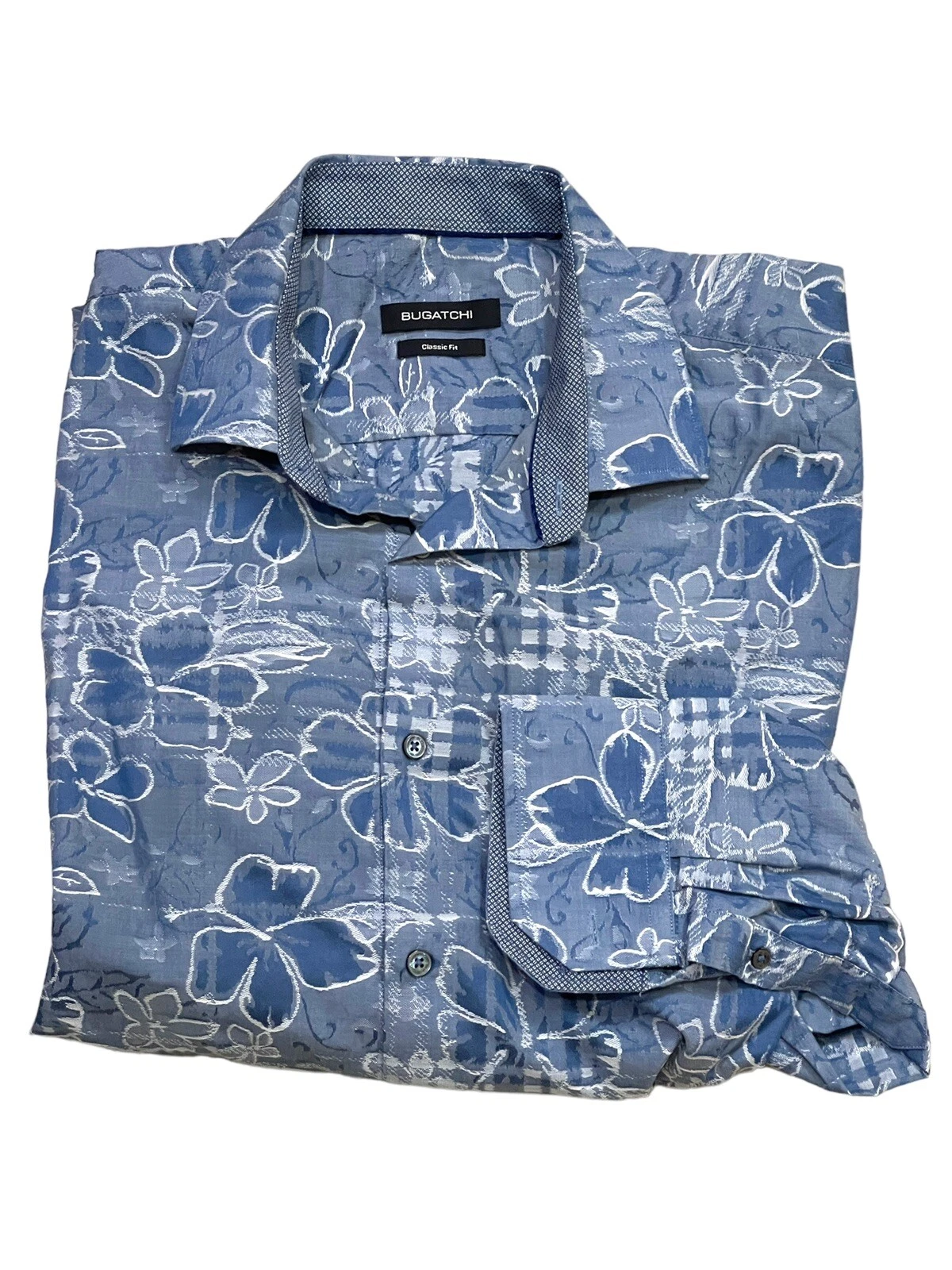 BUGATCHI Men's Classic Fit Size XL Blue Floral Long Sleeve Shirt Flip Cuff