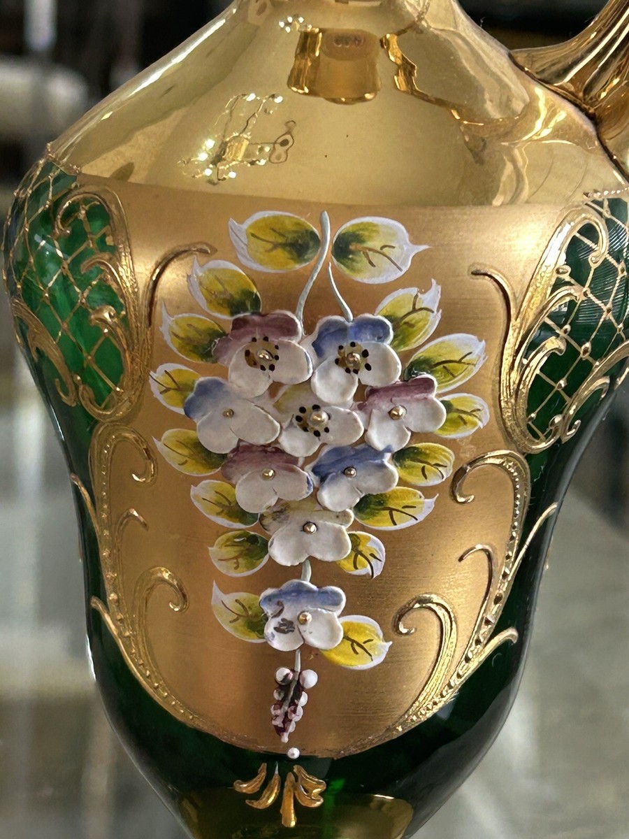 イタリア製ヴィンテージ ミッドセンチュリー キャンティ デキャンタ＆グラス VINTAGE MURANO ITALIAN VENETIAN GLASS DECANTER W/ ENAMEL FLOWERS