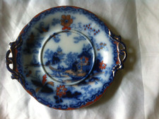 Antique Flow Blue Ironstone  Cake Plate - Twisted Handle