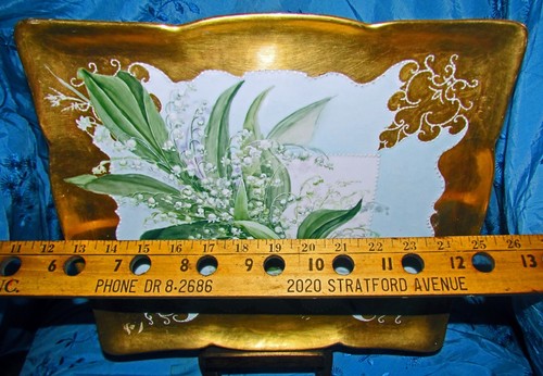 antique Jean Pouyat Limoges tray hp lilies of the valley foliage gold moriage - Afbeelding 5 van 7