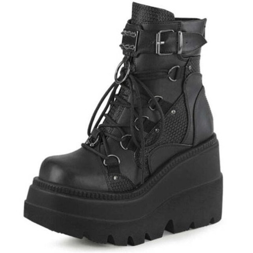 New Black Pink Punk Style Platform Gothic Mid-Calf Boots Buckle Studded Lace-up - Picture 8 of 12