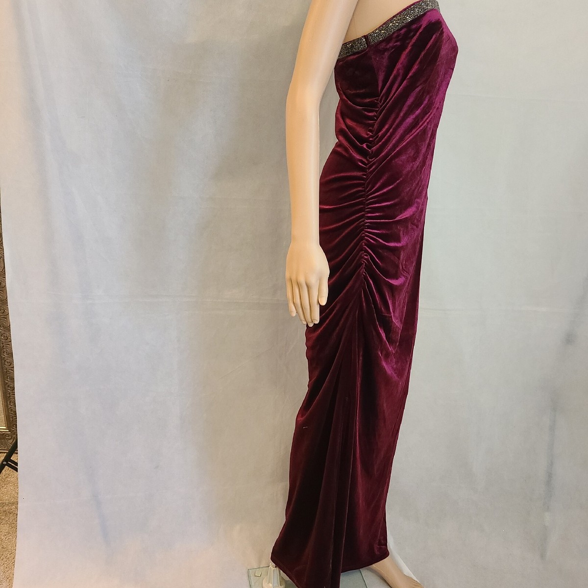 Candalite Women's Velvet Ruched One Shoulder Gown In Burgundy SZ M | eBay