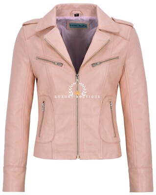Damen Lederjacke Baby Rosa Biker Style 100% Echtes Napa Lammleder Leder