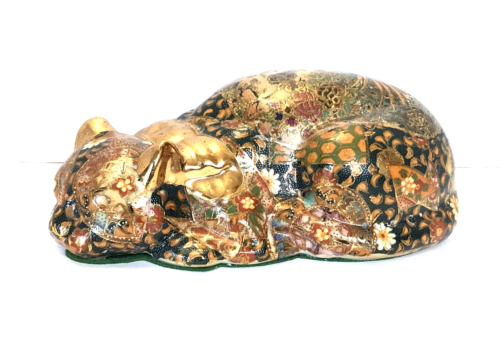 Patchwork doré vintage Royal Satsuma chat sieste peint à la main grande porcelaine - Photo 1 sur 17