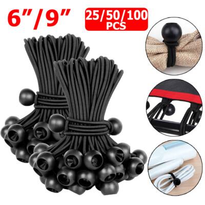 100 pcs 6'' / 9'' Black Ball Bungee Bungie Cord Heavy Duty Canopy Tarp Tie Downs
