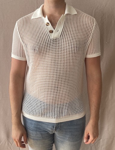 Men's White Size L Crochet Eyelet Short Sleeve Button Up Polo Sweater Shirt - Picture 2 of 18