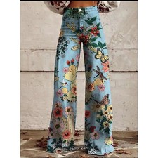 Floral Print Wide Leg Pants High Waist Boho Festival Trousers Size L