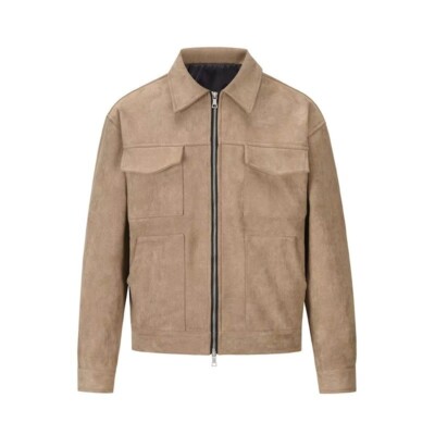 Herren Beige Wildleder 100% Echt Weiche Lederjacke Reißverschluss Luxus Vier-...