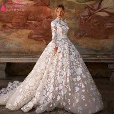 3D Flower Lace Wedding Dresses A Line Long Sleeve Backless High Neck Bridal Gown