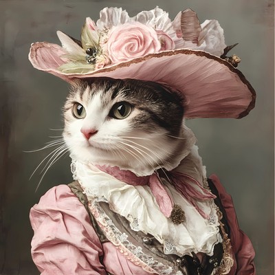 Lady Cat im Vintage-inspirierten Outfit mit breiter Krempe Hut mit rosa