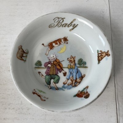 Vintage Porcelain BABY BOWL Dish Germany NURSEY RHYME Cat Violin Dog Cow Moon