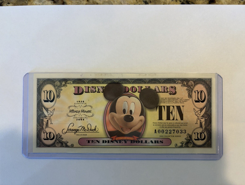 Disney 2008 Disney Dollars $10 Note Mickey Mouse 80th Anniversary A00227033