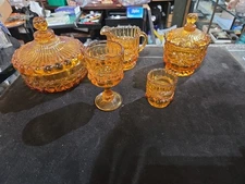 Mosser Eye Winker Amber Creamer and Lidded Sugar Bowl Candy Dish Toothpick Lot