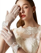Women Bow Tulle Gloves with Pearls Short Mesh Tea Party Gloves Wedding Bridal...