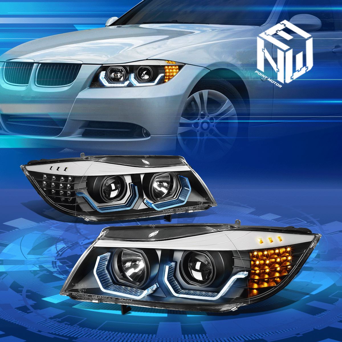 For 09-12 BMW E90 4-Door Blue U-Shape Halo LED Signal Projector