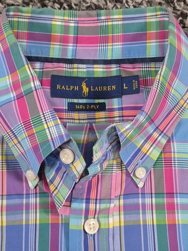 Ralph Lauren Shirt Mens Large Easter Plaid 140s 2 PLY Front Pocket Long Sleeve - Picture 3 of 8