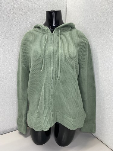 Pura Cashmere Womens Hoodie Sweater Sage Green Size M Cotton Fisherman Full Zip