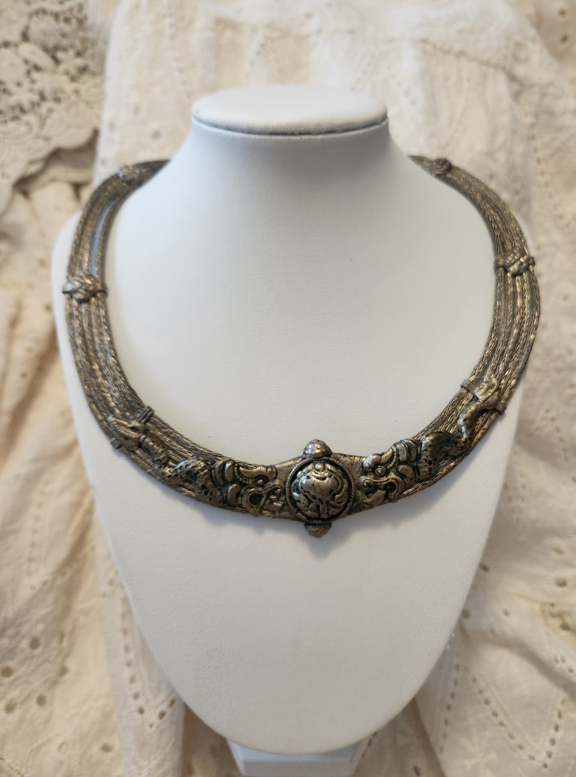 Rare Antique Indian Coin Silver Tribal Necklace with dragon ornate.