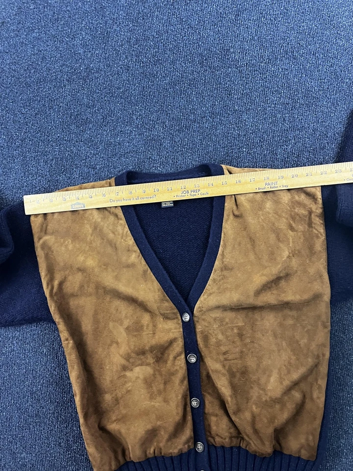 VINTAGE Preswick & Moore Cardigan Sweater Mens Medium Navy Brown Suede Wool 90s - Image 4 of 4