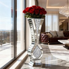 Large Crushed Diamond Vase Tall Mirrored Sliver Floor Vase for Villa Hotel Lobby