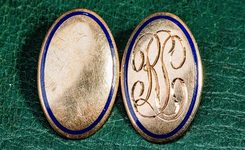 Refined 14K Gold Antique RL Monogram Blue Enamel Cufflinks Estate Jewelry - Picture 12 of 18