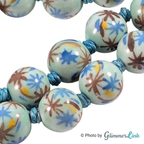 Vintage Chinese Export Hand Painted Knotted Blue Round Porcelain Bead Necklace - Picture 7 of 9