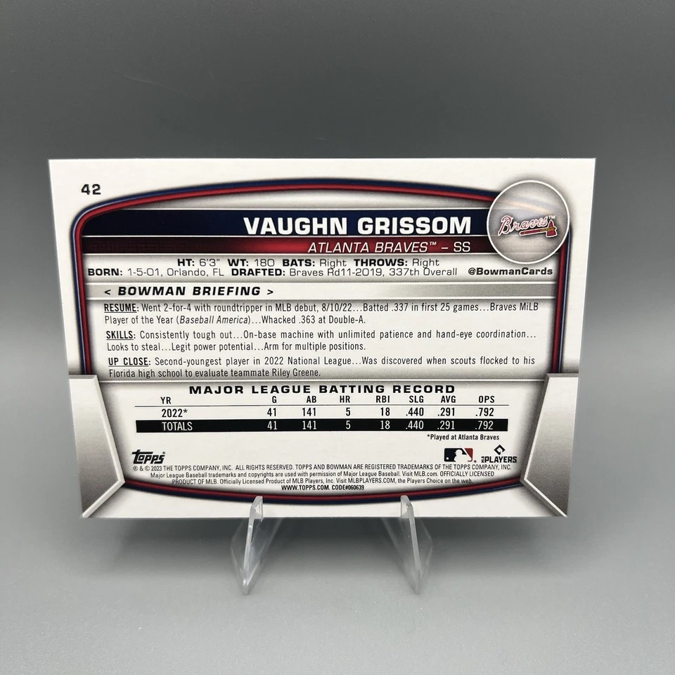 2023 Bowman Vaughn Grissom Blue /150 #42 RC Atlanta Braves - Image 2 of 2