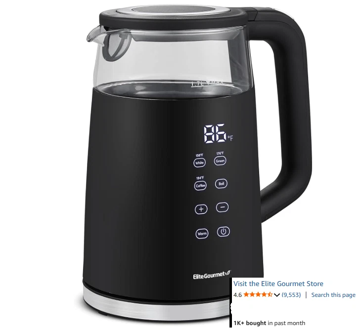 ELITE GOURMET 1.7L Dual Wall Cool Touch Electric Tea Kettle, Borosilicate Glass