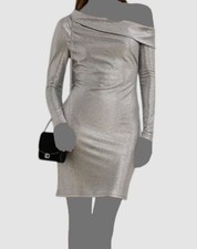 Ralph Lauren Women's Silver Metallic Pleated Off-Shoulder Dress Size 6