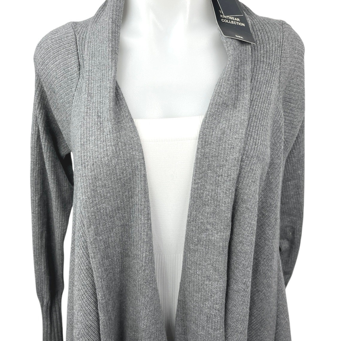 NEW Zara Knit Gray Drapey Long Sleeve Ribbed Open Cardigan Sweater Top Size S thumbnail 3