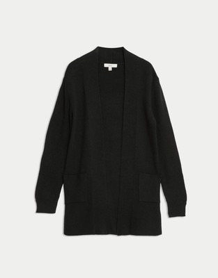 EX M&S Black Cardigan Ladies Ribbed Longline Knit Soft Open Cardi Pockets