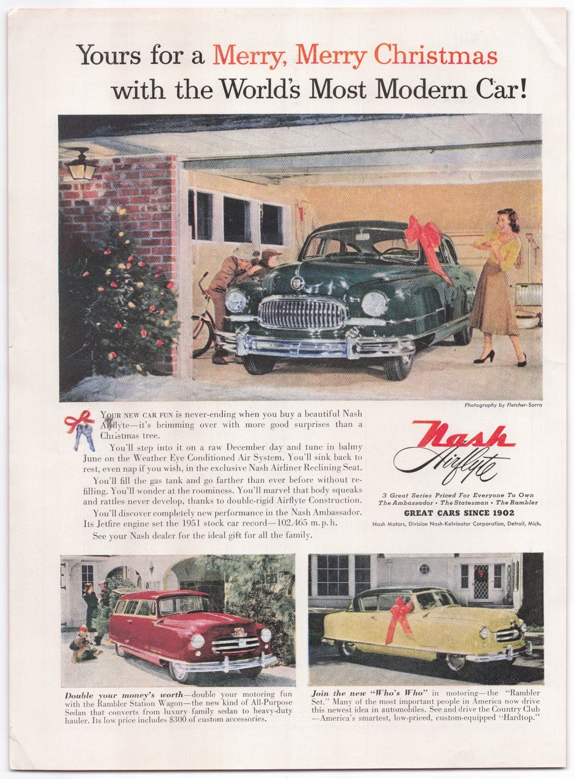 Nash Airflyte Automobile Ad 1950s Christmas Rambler Station Wagon