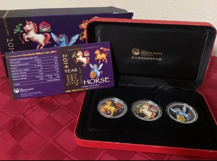 🇺🇸2014 TUVALU 50C YEAR OF THE HORSE COLOR 3 X ½OZ SILVER PROOF COIN SET Perth - Image 2 of 4