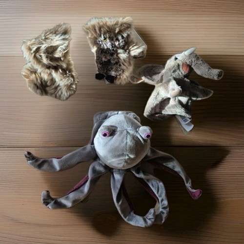 3 Folkmanis Mini 1- Octopus Finger Puppet 2-Owls Spin Hand1e Elephant 4 Pc - Picture 10 of 11