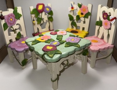 Delton Products Corp Vintage Floral Wooden Doll Furniture 4 Chairs & Table
