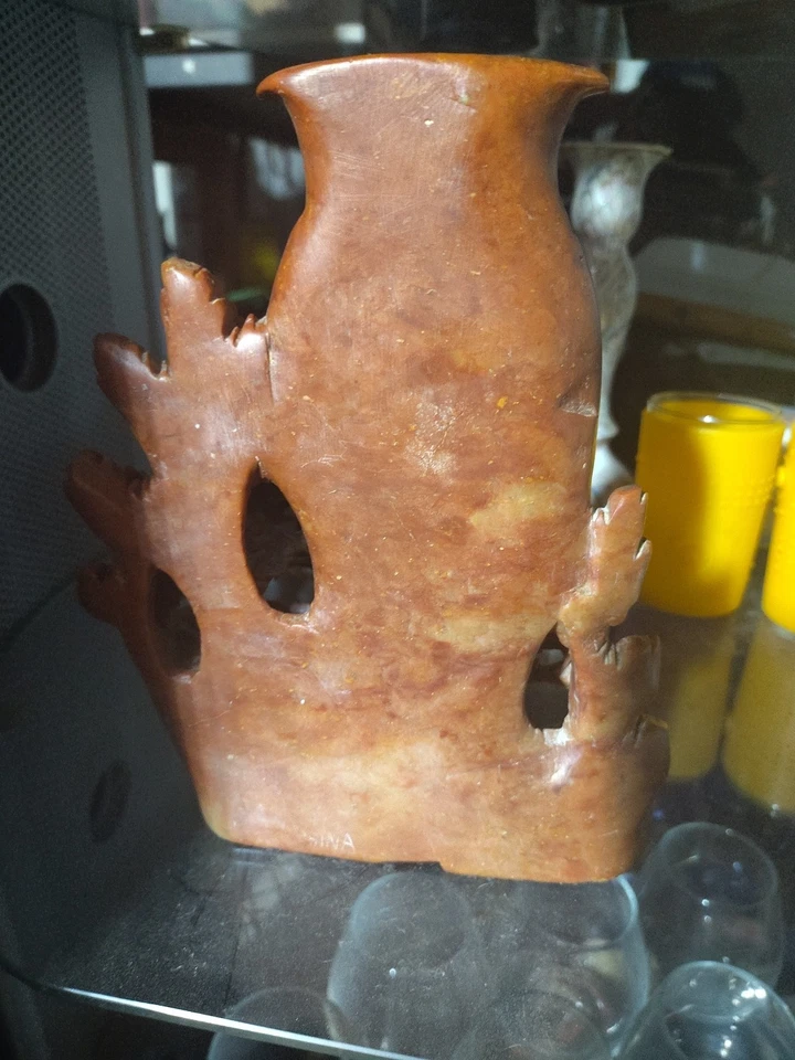 JARRÓN DE PIEDRA DE JABÓN ASIÁTICO DE COLECCIÓN DISEÑO EN RELIEVE Y PÁJARO GRABADO Foto 3 de 4