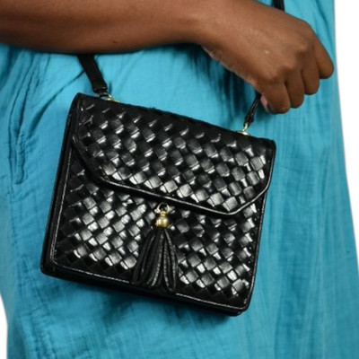 Vintage Talbots Woven Tassel Bag Black Leather Crossbody Mini Square Snap Flap