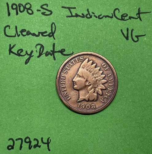 1908-S Indian Head Cent 1c Vg Very Good Cleaned Semi Key Date