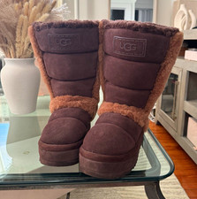 UGG Women's Brown Suede Mid-Calf Shearling Lined Fur Trim Boots 9 M