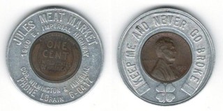Jules Meat Market WILLOWBROOK CA Los Angeles Co. Encased 1953 D Penny Token
