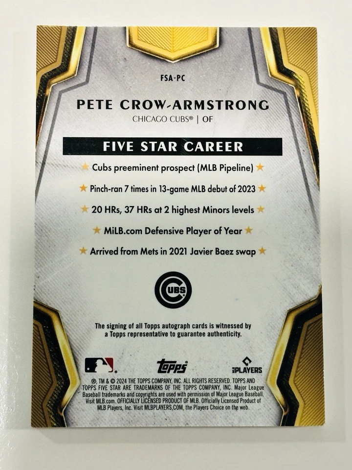 Pete Crow-Armstrong 2024 Topps Five Star Rookie RC ON CARD AUTO Cubs - Image 2 of 2