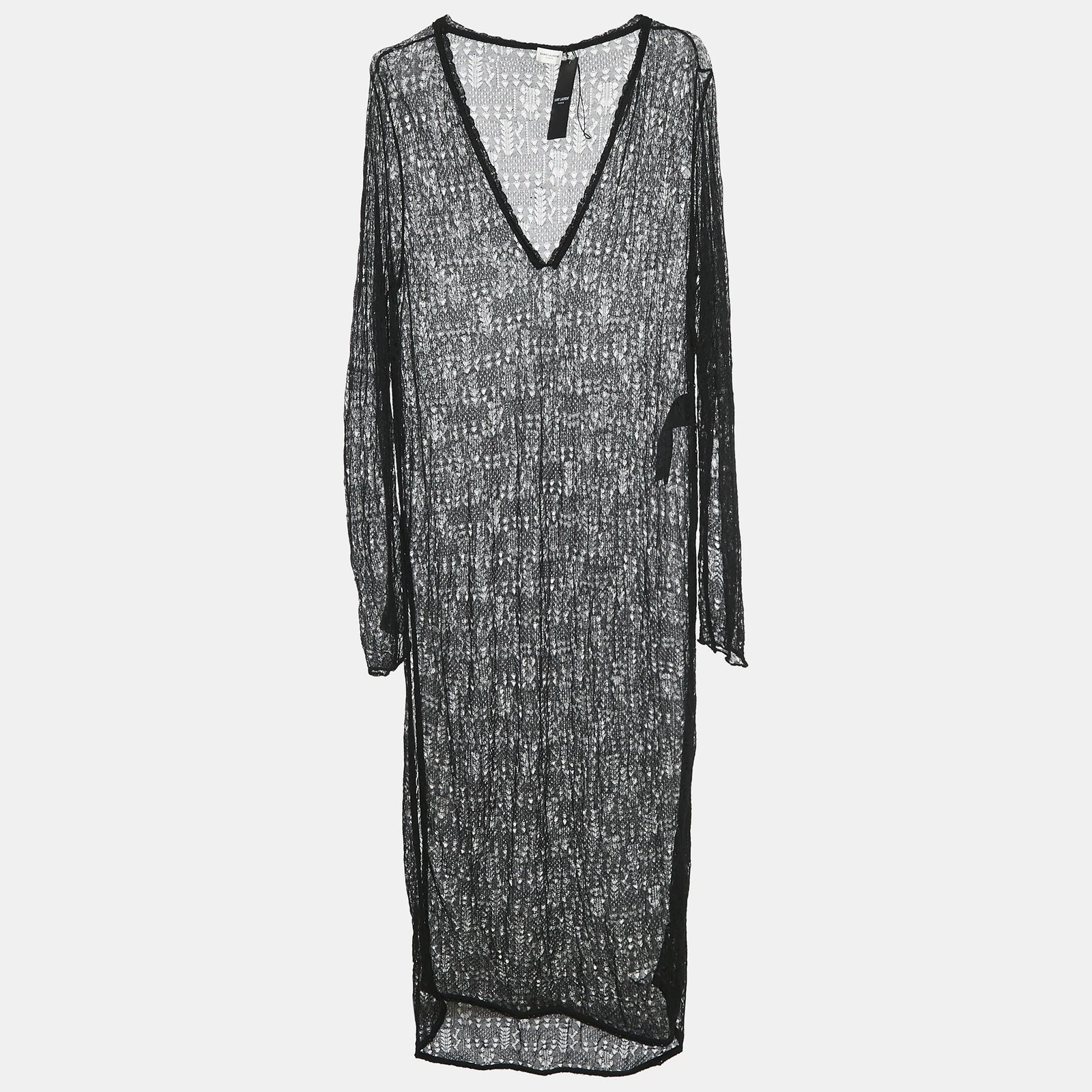 SAINT LAURENT (YSL) Abito midi Saint Laurent nero a punta in maglia trasparente M