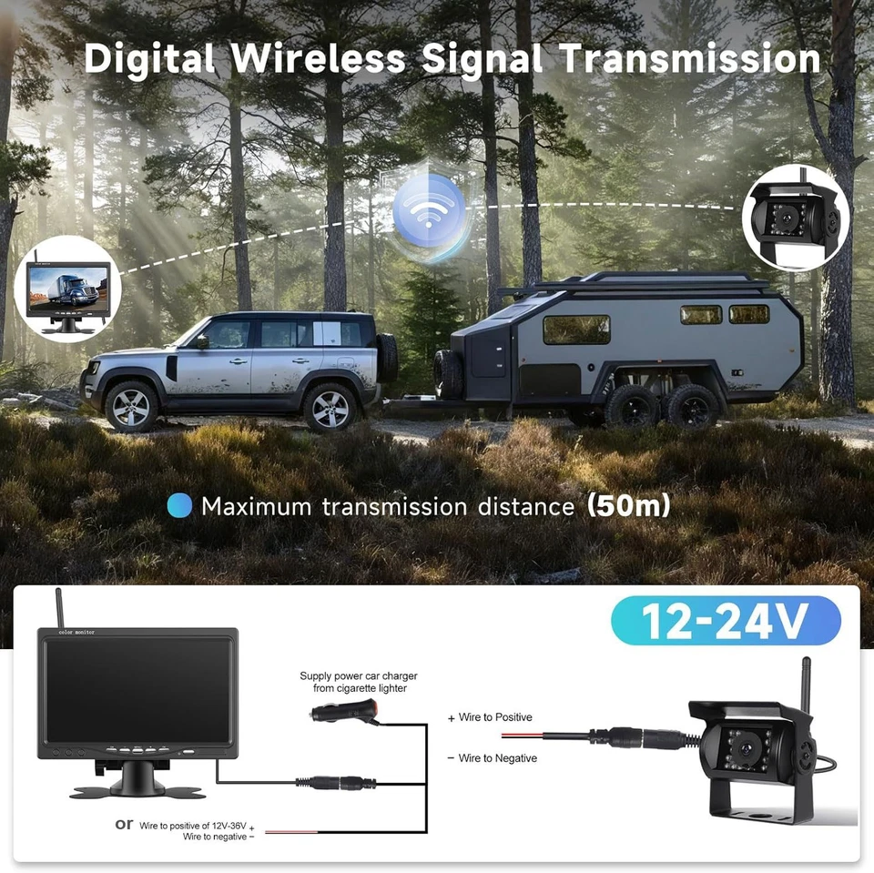 7" Digital Wireless Reverse Camera Monitor Kit for Truck Trailer Caravan 12V-24V - Image 3 of 4