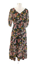 Ann Taylor Black Multi Color Metallic Floral Midi Dress Sz 6 Tea Pink Green Boho