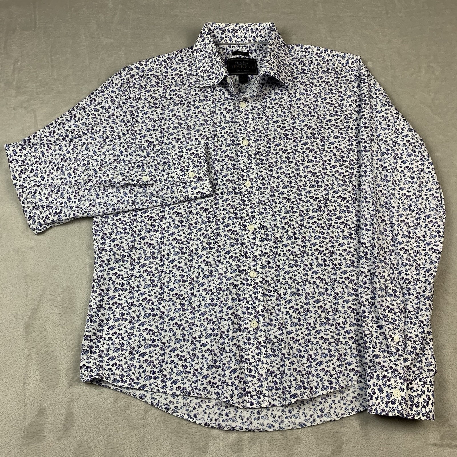 Jos A Bank Reserve Shirt Mens Large White Blue Floral Slim Fit Button Up Casual