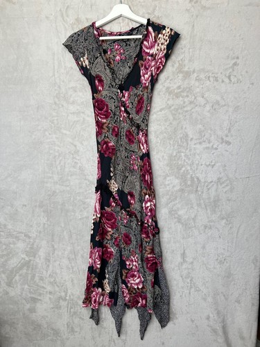 Vintage Y2K Fairy Boho Rayon Romantic Rloral Asymmetrical Maxi Dress Sz 6 *flaw