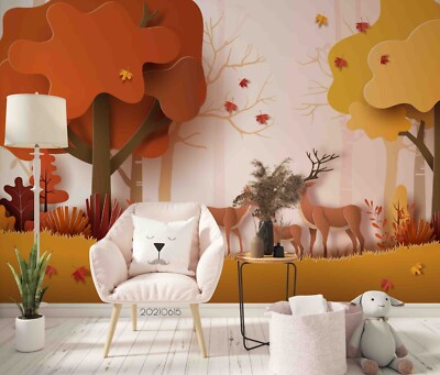 3D Woods Deer Autumn Paper-cuts Self-adhesive Removable Wallpaper Murals