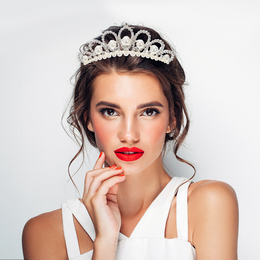 Diadème Cristal Mariée Diadème Cristal Reine Pour Mariée - Perles Argenté -  13 Cm Diamètre Diadème Demoiselle Honneur, image size:1000x1000