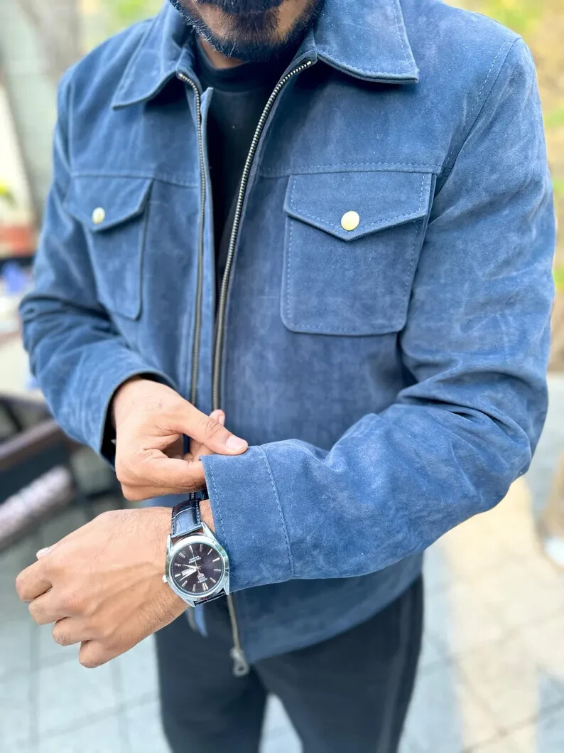 Men's Real Blue Suede Leather Street Style Jacket 100% Original Suede Leather