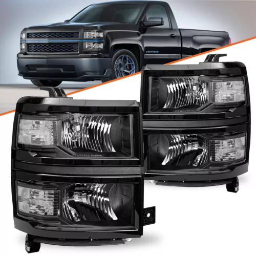 Headlights For 2014-2015 Chevy Silverado 1500 Black Clear Headlamps LH+RH Pairs - Picture 2 of 13